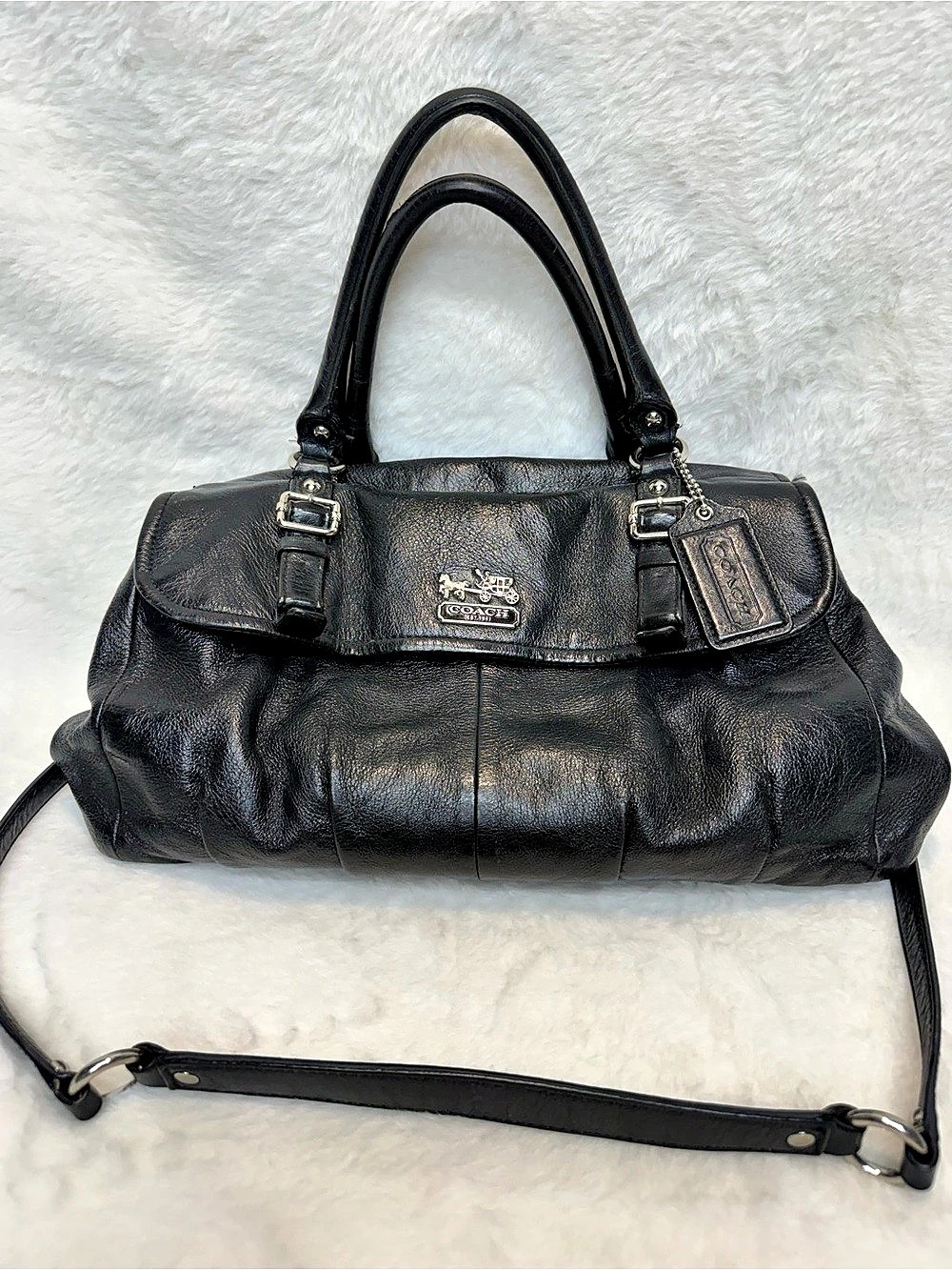 Coach Madison Leather Flap Carryall Black Shoulder Bag with Crossbody Strap